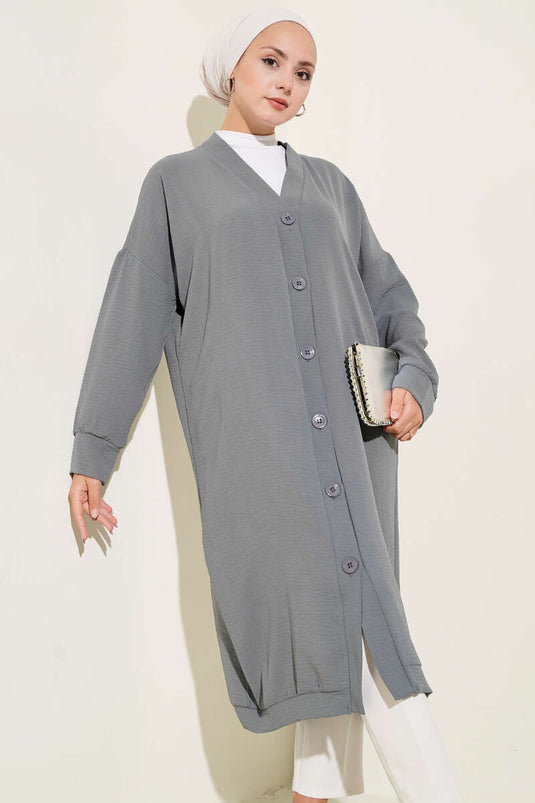 Önü Düğmeli Ayrobin Gri Uzun Hırka