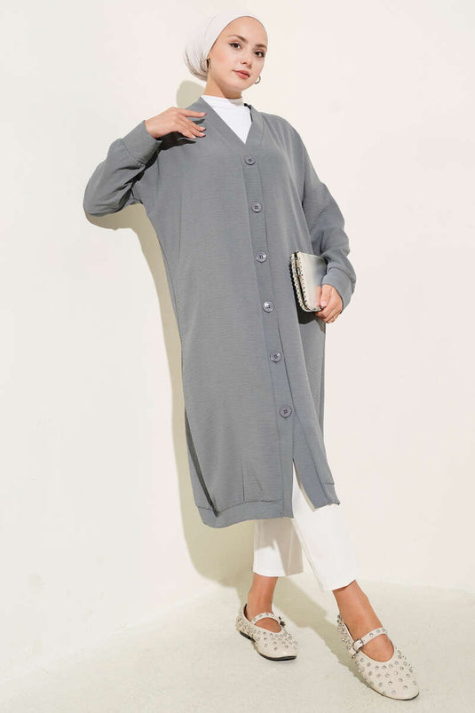 Önü Düğmeli Ayrobin Gri Uzun Hırka