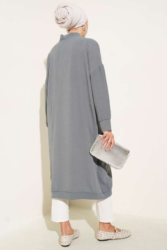 Önü Düğmeli Ayrobin Gri Uzun Hırka