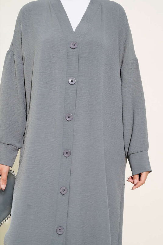 Önü Düğmeli Ayrobin Gri Uzun Hırka