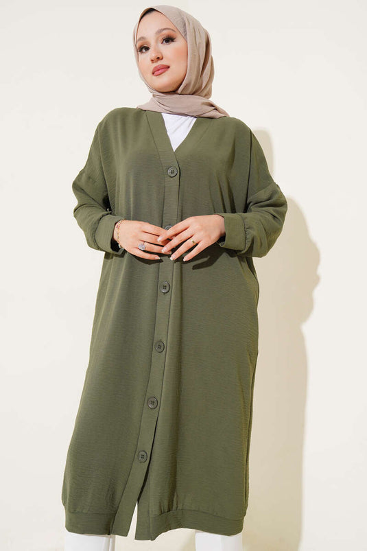 Önü Knöpfen Ayrobin Olivgrüner Langer Strickjacke