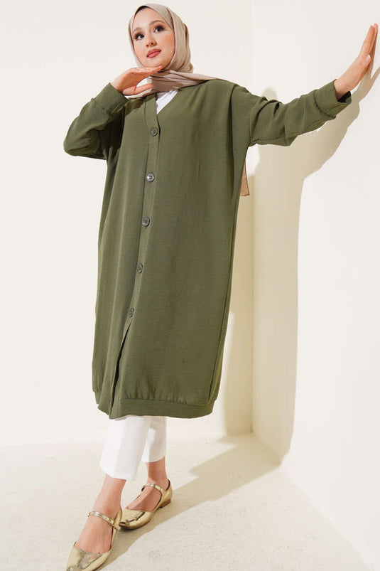 Front Buttoned Air Knit Olive Long Cardigan