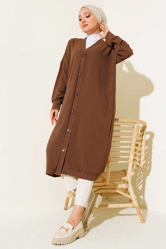 Cardigan long marron Ayrobin avec boutons sur le devant