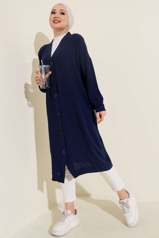Front Buttoned Navy Blue Long Cardigan Made of Ayrobin