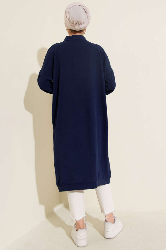 Front Buttoned Navy Blue Long Cardigan Made of Ayrobin