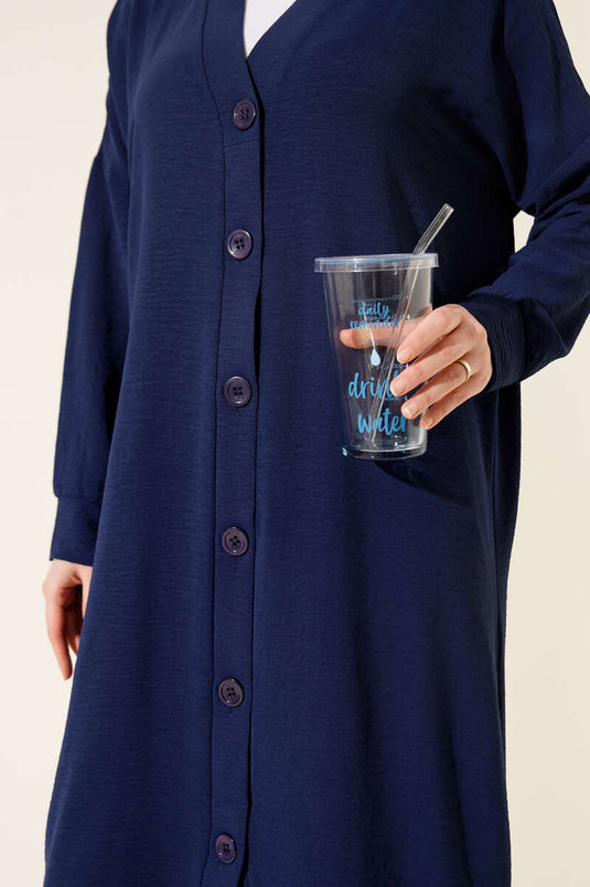 Front Buttoned Navy Blue Long Cardigan Made of Ayrobin