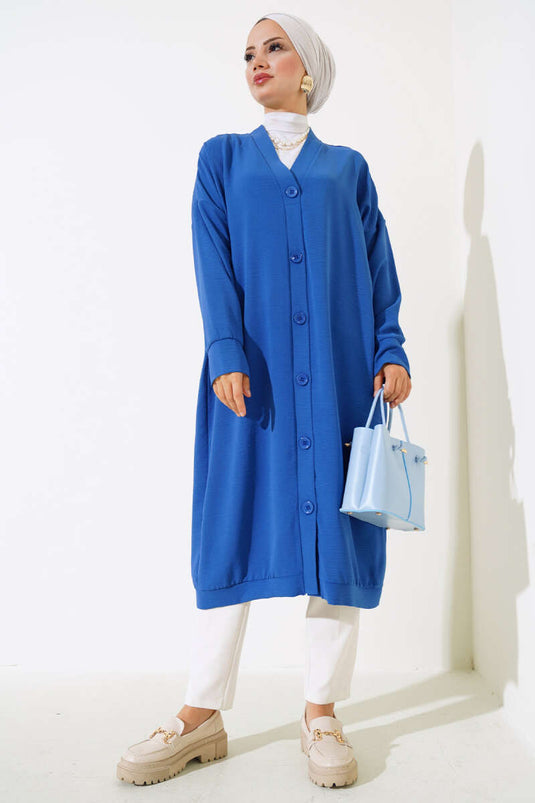 Cardigan long bleu Ayrobin avec boutons sur le devant