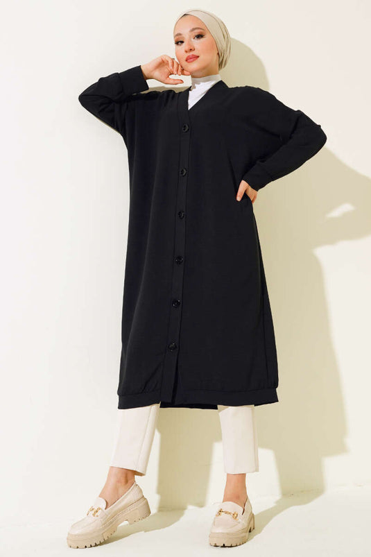 Cardigan Lungo Nero Ayrobin Con Bottoni Sul Davanti