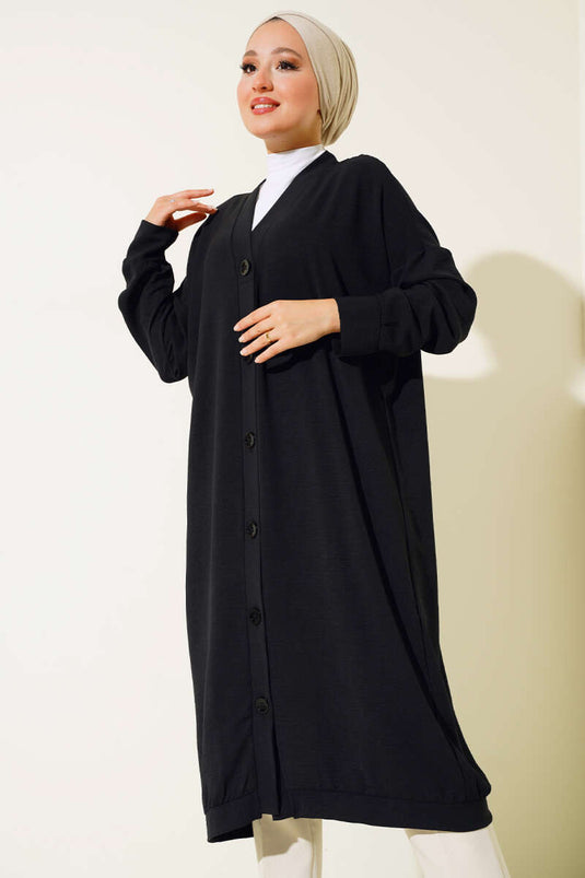 Buttoned Front Ayrobin Black Long Cardigan