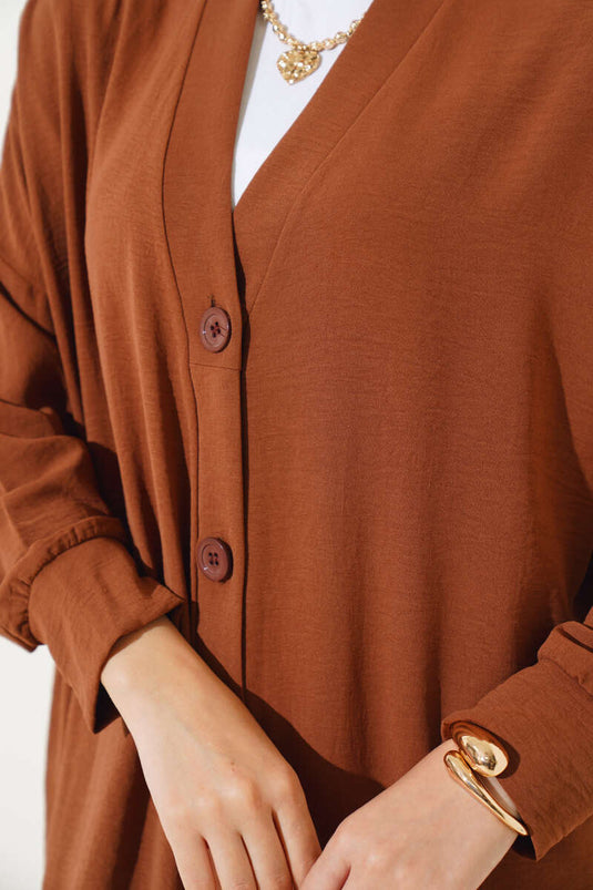 Buttoned Front Ayrobin Tan Long Cardigan