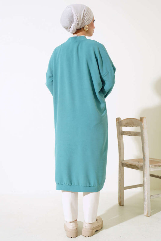 Buttoned Front Ayrobin Turquoise Long Cardigan