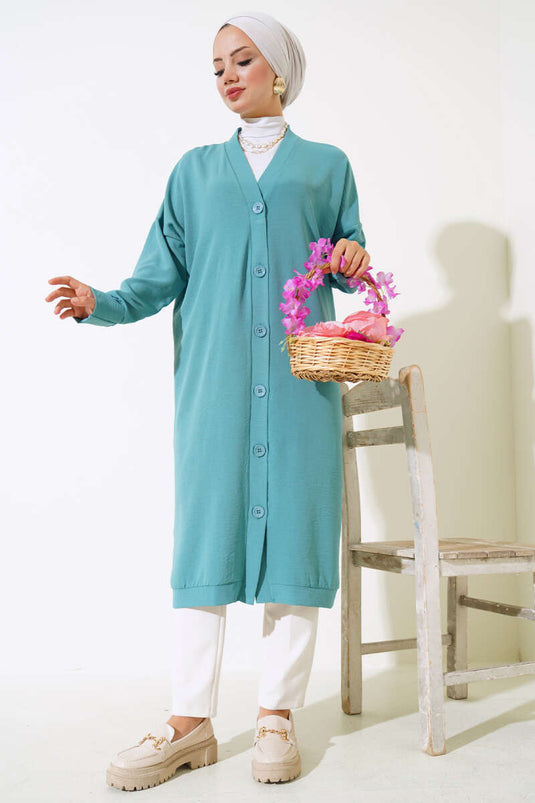 Buttoned Front Ayrobin Turquoise Long Cardigan
