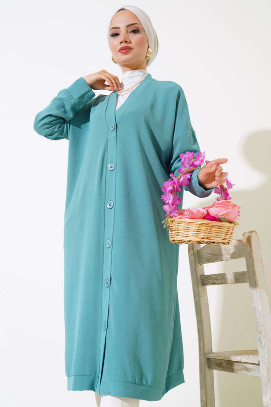 Buttoned Front Ayrobin Turquoise Long Cardigan