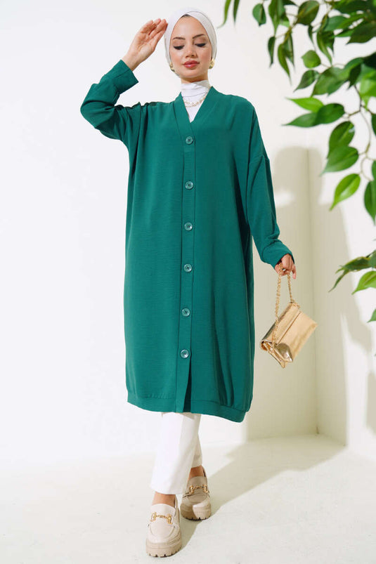 Cardigan lungo Ayrobin verde smeraldo con bottoni sul davanti