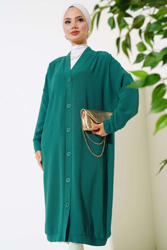 Cardigan lungo Ayrobin verde smeraldo con bottoni sul davanti