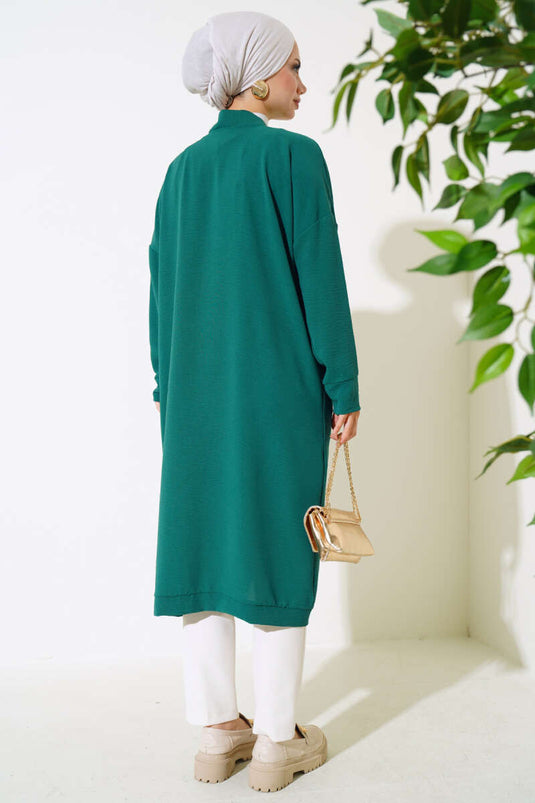 Cardigan lungo Ayrobin verde smeraldo con bottoni sul davanti