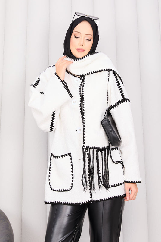 Buttoned Front Pocket Detailed Scarf Jacket White