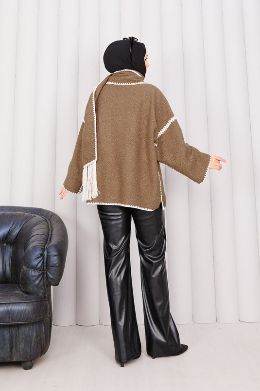 Camel Button-Front Pocket Detailed Scarf Jacket