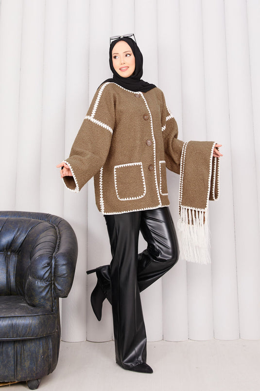 Camel Button-Front Pocket Detailed Scarf Jacket
