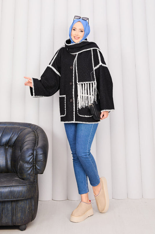 Buttoned Front Pocket Detailed Scarf Jacket Black