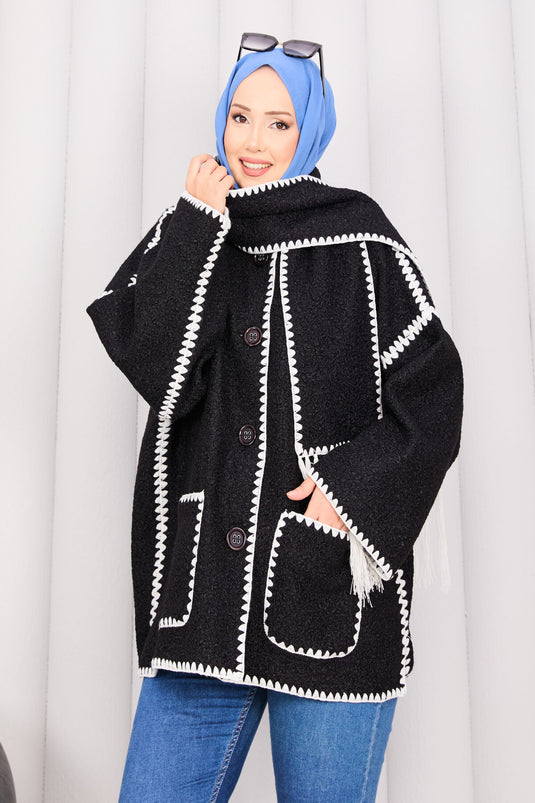 Buttoned Front Pocket Detailed Scarf Jacket Black