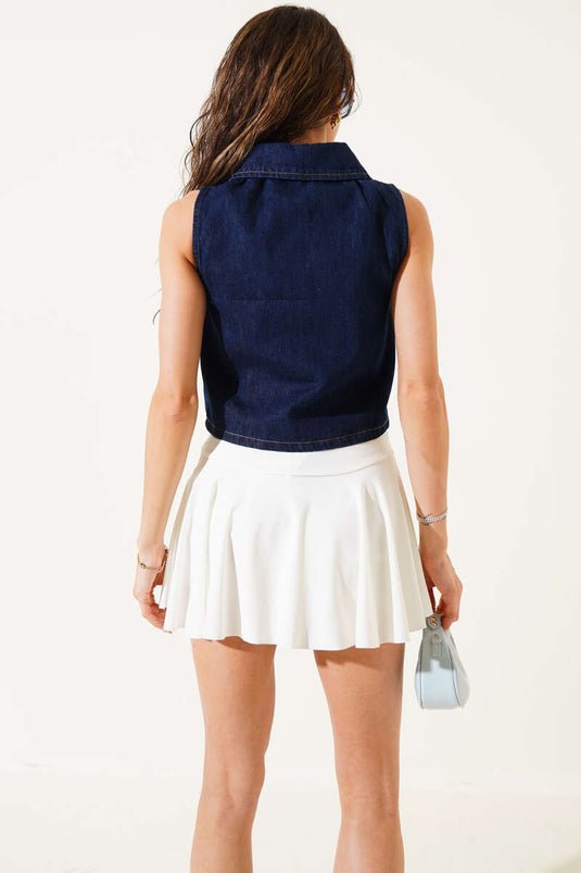 Önü Düğmeli Crop Kot Yelek Lacivert