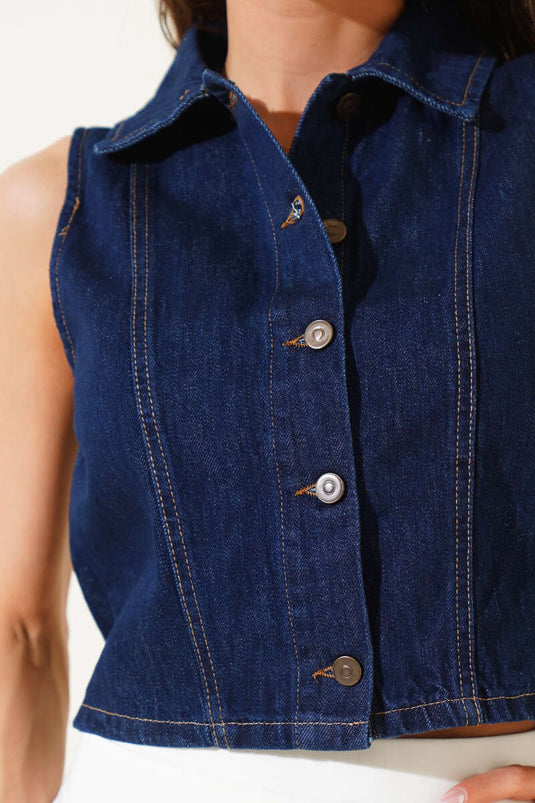 Önü Düğmeli Crop Kot Yelek Lacivert