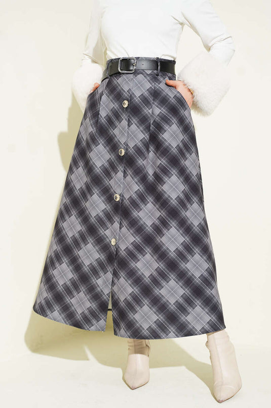 Jupe à carreaux avec boutons sur le devant, couleur fumée