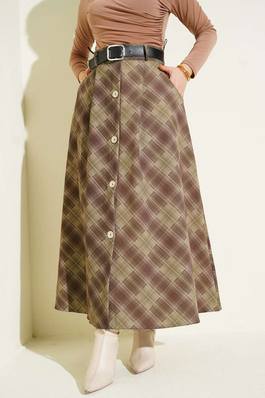 Front Buttoned Plaid Skirt Khaki