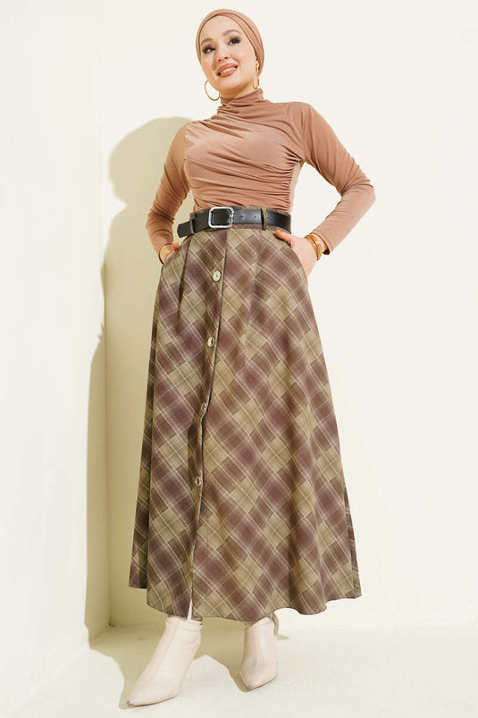 Front Buttoned Plaid Skirt Khaki