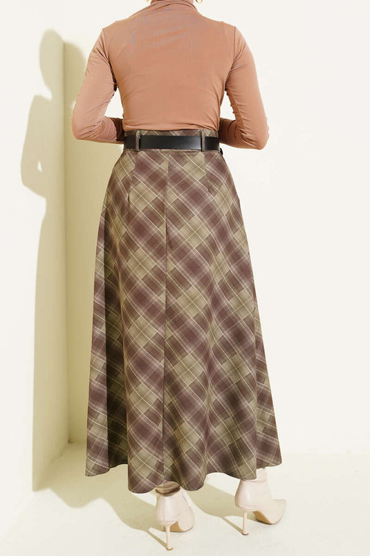 Front Buttoned Plaid Skirt Khaki