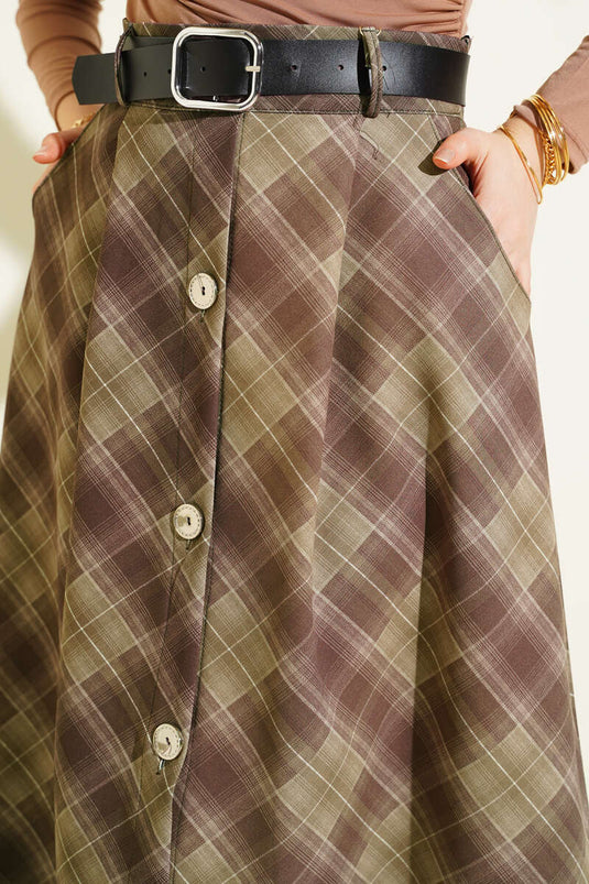 Front Buttoned Plaid Skirt Khaki