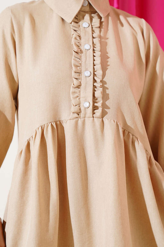 Önü Düğmeli Fırfırlı İkili Takım Bej