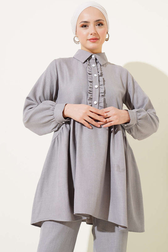 Önü Düğmeli Fırfırlı İkili Takım Gri