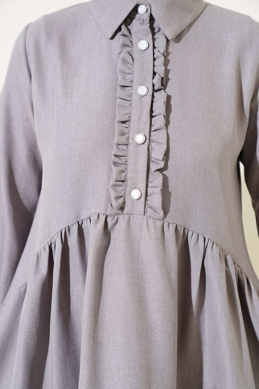 Önü Düğmeli Fırfırlı İkili Takım Gri