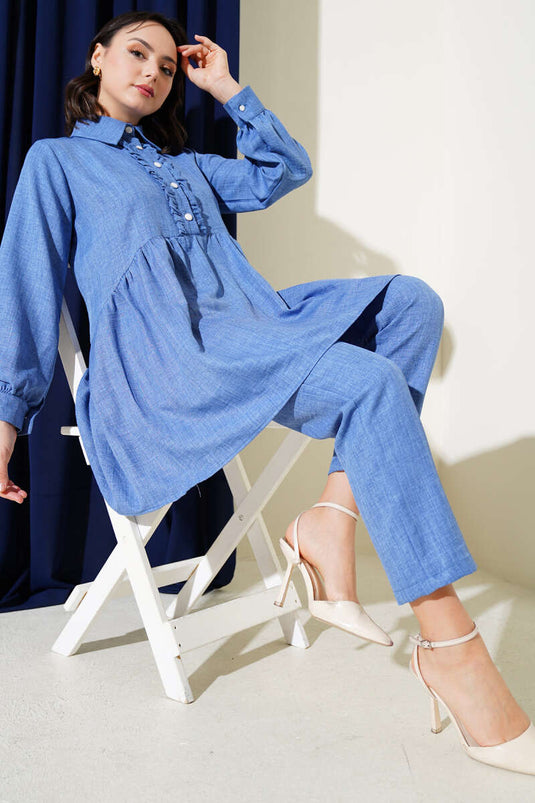 Önü Düğmeli Fırfırlı İkili Takım İndigo