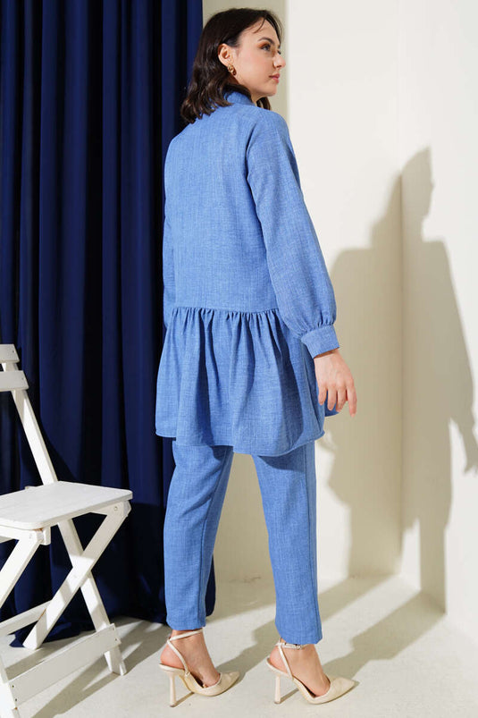 Önü Düğmeli Fırfırlı İkili Takım İndigo