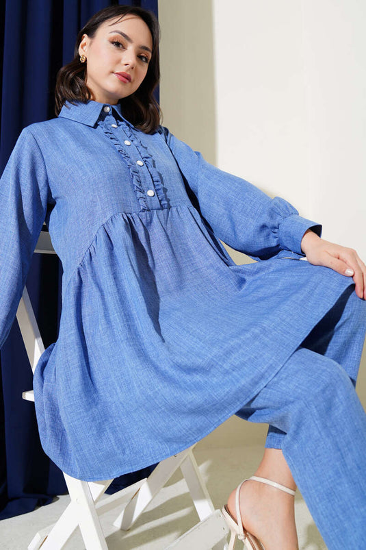 Önü Düğmeli Fırfırlı İkili Takım İndigo