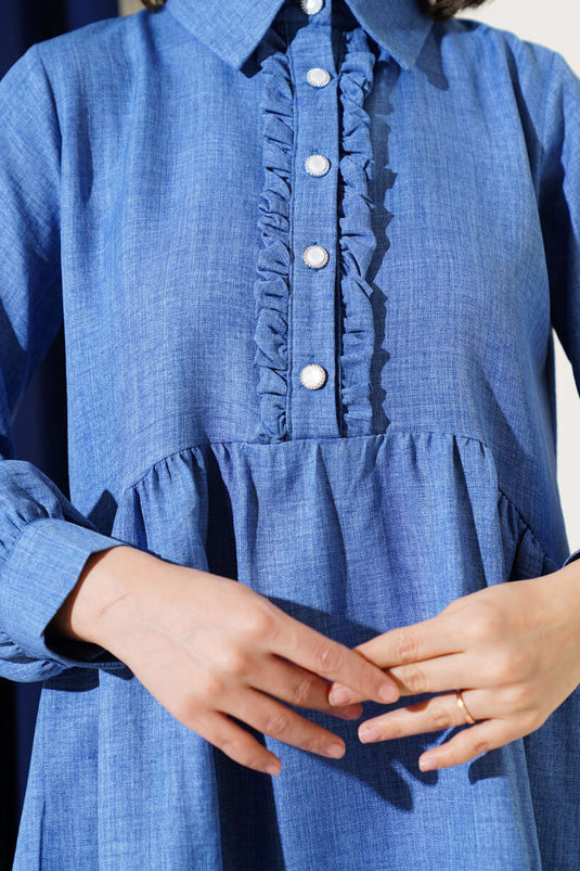 Önü Düğmeli Fırfırlı İkili Takım İndigo