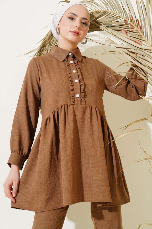 Önü Düğmeli Fırfırlı İkili Takım Kahve