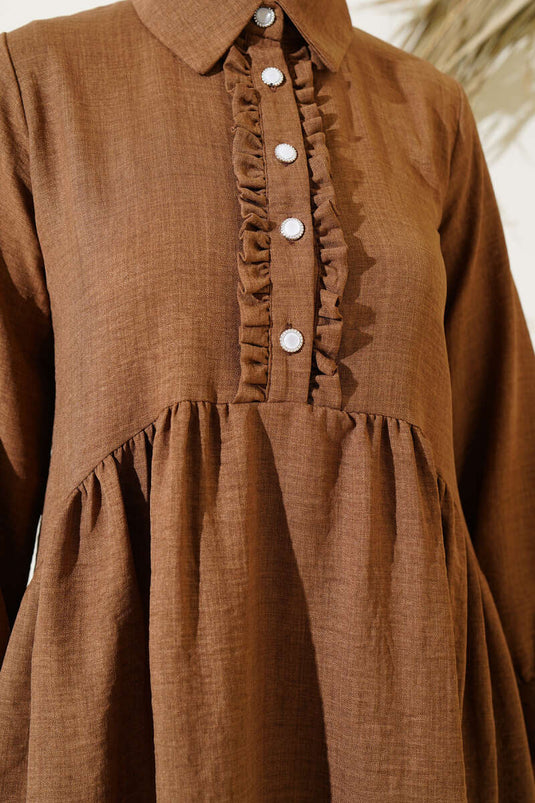 Önü Düğmeli Fırfırlı İkili Takım Kahve