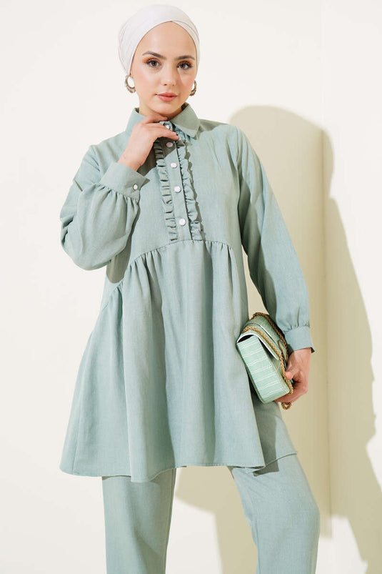 Önü Düğmeli Fırfırlı İkili Takım Mint