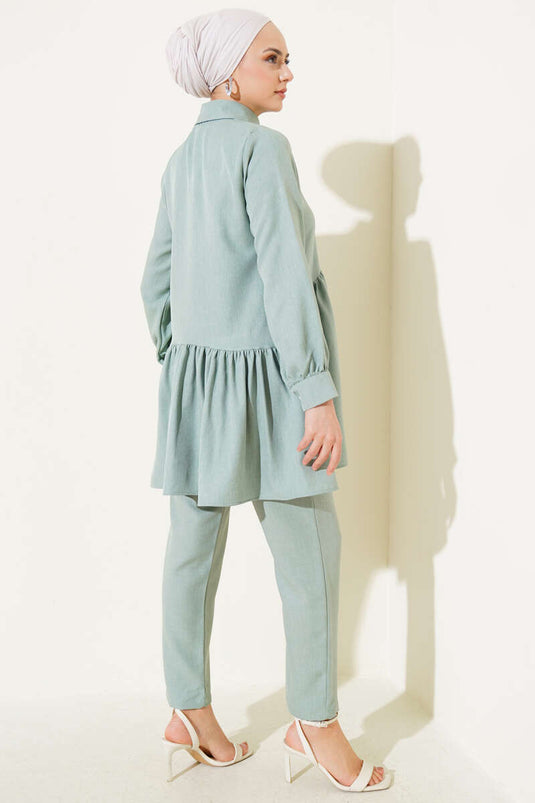 Önü Düğmeli Fırfırlı İkili Takım Mint