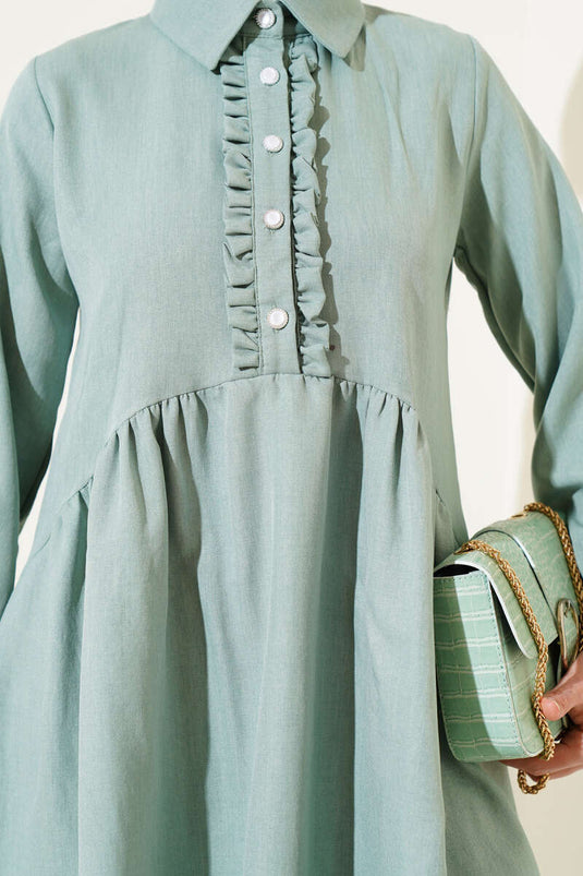 Önü Düğmeli Fırfırlı İkili Takım Mint