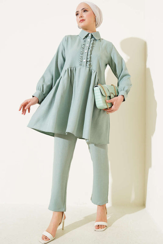 Önü Düğmeli Fırfırlı İkili Takım Mint