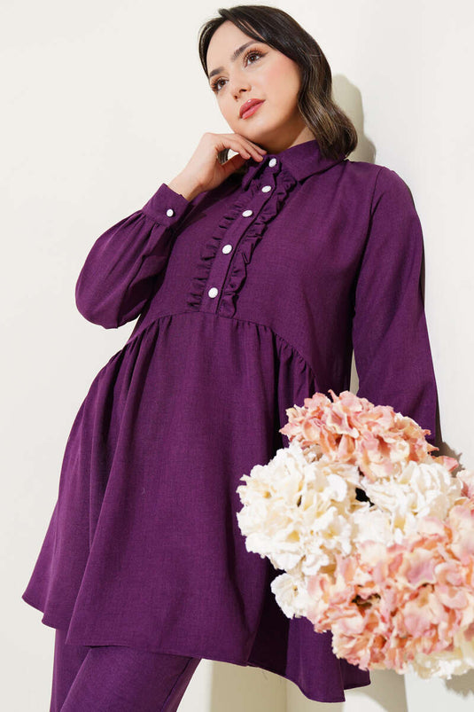 Önü Düğmeli Fırfırlı İkili Takım Mor