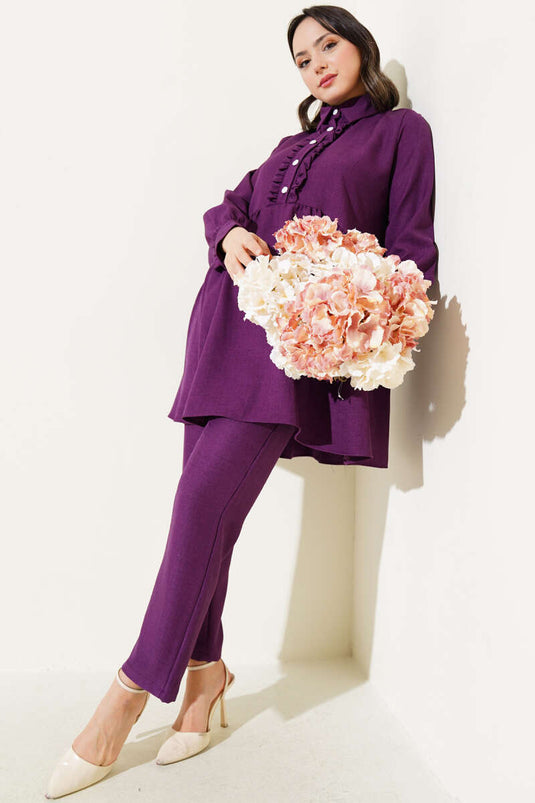 Önü Düğmeli Fırfırlı İkili Takım Mor