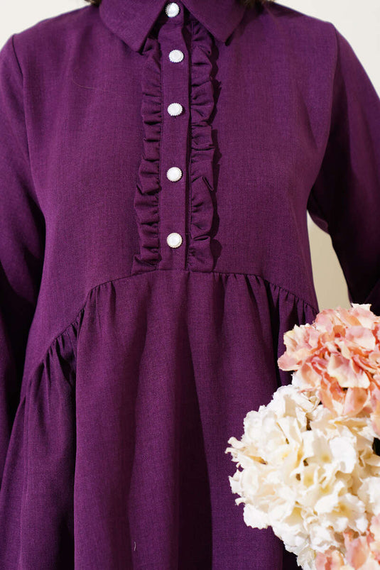 Önü Düğmeli Fırfırlı İkili Takım Mor