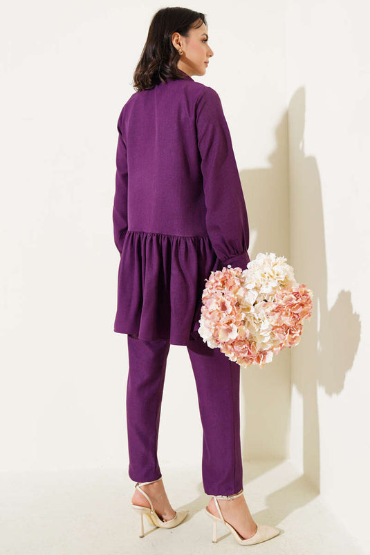 Önü Düğmeli Fırfırlı İkili Takım Mor