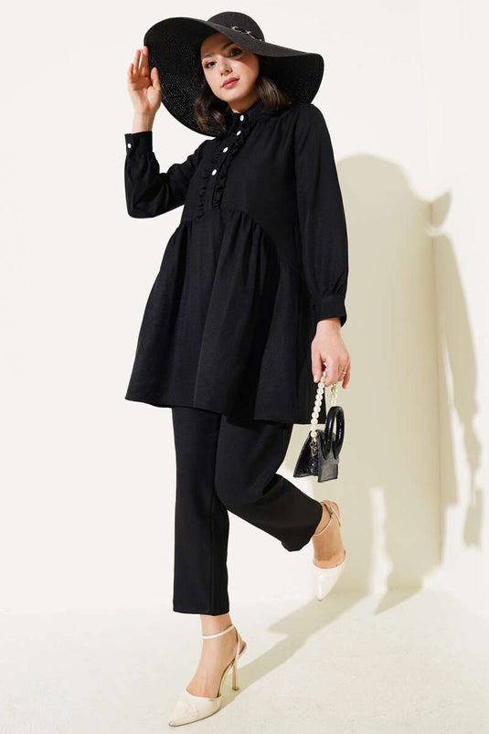 Önü Düğmeli Fırfırlı İkili Takım Siyah